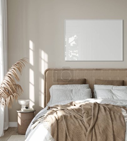Schlafzimmer im Boho-Stil, Interieur mit beigem Sofa, Glasreflexion, Frontansicht / 3D-Illustration, 3D-Render