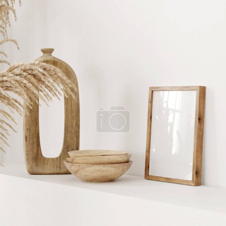 Foto de Interior en estilo boho con un marco, reflexión de vidrio, vista lateral / ilustración 3D, renderizado 3D - Imagen libre de derechos