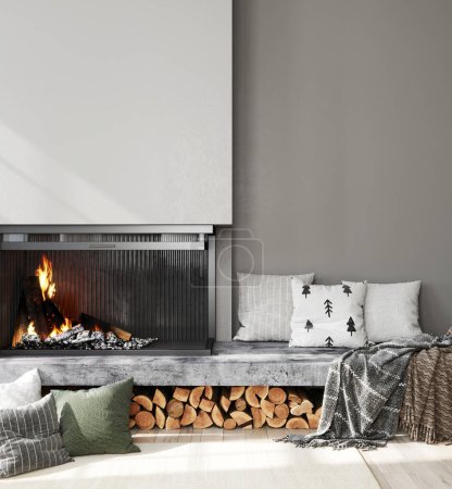Photo for Livingroom in contemporary style fireplace, front view / 3D illustration, 3D render - Royalty Free Image