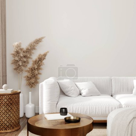 Photo for Livingroom in mid century modern style with blank wall for dcor, side view. 3D illustration, 3D render - Royalty Free Image