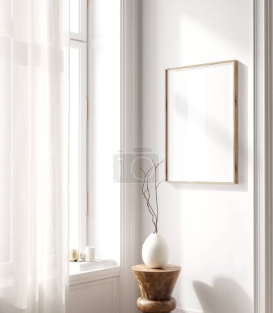 Foto de Sala de estar en estilo moderno con un marco, reflexión de vidrio, vista lateral / ilustración 3D, renderizado 3D - Imagen libre de derechos