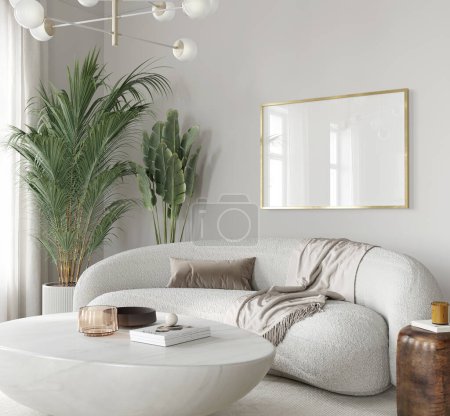 Foto de Sala de estar en estilo moderno con un marco horizontal, reflexión de vidrio, vista lateral / ilustración 3D, renderizado 3D - Imagen libre de derechos