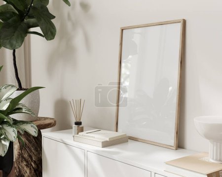 Foto de Habitación beige Interior en colores pastel con un marco grande, vista lateral, reflexión de vidrio / ilustración 3D, 3d render - Imagen libre de derechos