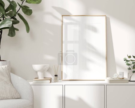 Foto de Sala de estar con un marco, reflejo de vidrio, sombra solar, vista frontal / ilustración 3D, renderizado 3D - Imagen libre de derechos
