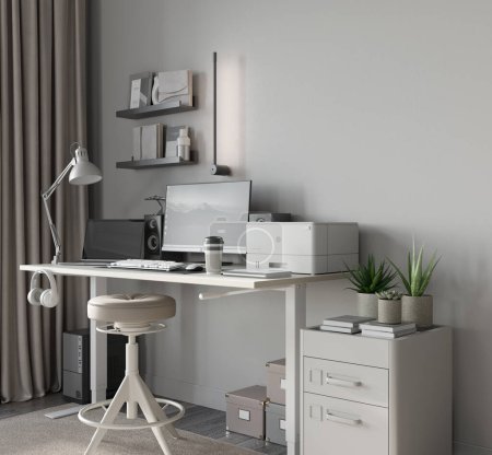 Foto de El interior de un lugar de trabajo u oficina en un estilo moderno. Con mesa, gabinete y papelería / ilustración 3D, renderizado 3D - Imagen libre de derechos