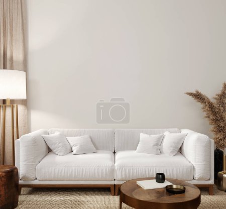 Téléchargez les photos : Livingroom in mid-century modern style with blank wall for dcor, front view. 3D illustration, 3D render - en image libre de droit
