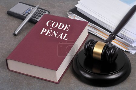 Libro de códigos penales francés con un mazo de juez