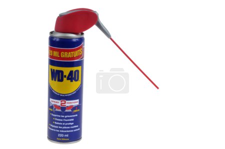Photo for Spray can of WD-40 brand lubricant close-up white background - Royalty Free Image