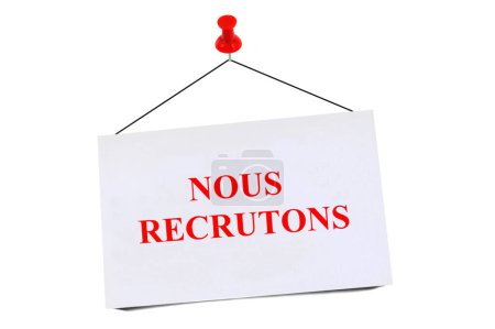 We are hiring written in french on a pin board on white background 