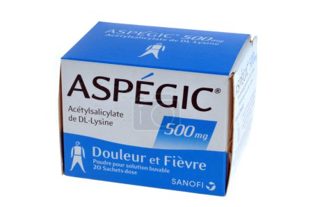 Photo for Box of Aspegic 500 close up on white background - Royalty Free Image