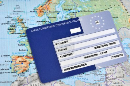 Photo for European health insurance card lying on a map of Europe close up - Royalty Free Image