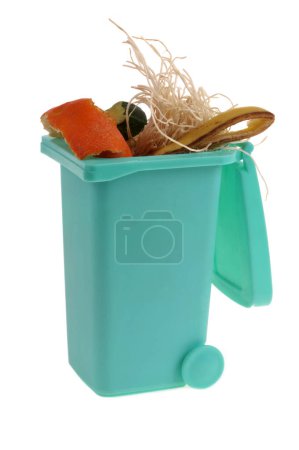 Foto de Concepto de compostaje con un bote de basura lleno de residuos orgánicos de cerca en el fondo blanco - Imagen libre de derechos