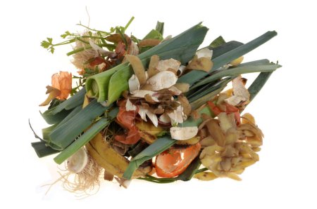 Foto de Desperdicio de alimentos orgánicos en primer plano sobre fondo blanco - Imagen libre de derechos