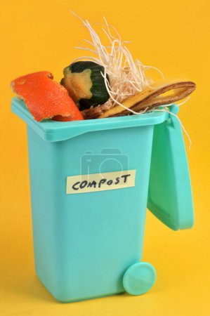 Foto de Concepto de compostaje con un bote de basura lleno de residuos orgánicos de cerca sobre fondo amarillo - Imagen libre de derechos