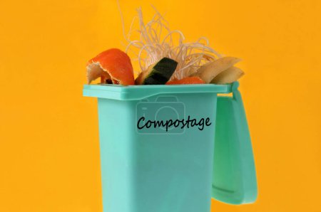 Foto de Concepto francés de compostaje con un bote de basura lleno de residuos orgánicos de primer plano sobre fondo amarillo - Imagen libre de derechos