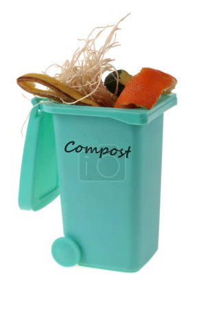 Foto de Concepto de compostaje con un bote de basura lleno de residuos orgánicos de cerca sobre fondo blanco - Imagen libre de derechos