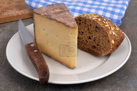 Piece of Tomme des Pyrenees on a plate with a knife closeup