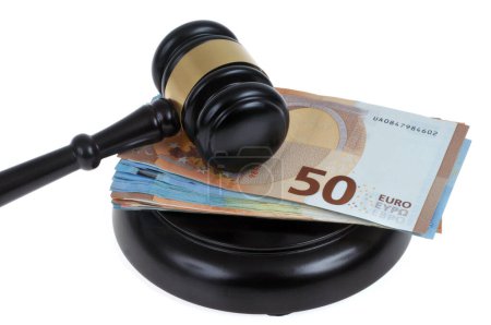 Euro banknotes with a judge gavel on white background 