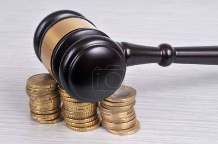 Judge gavel on stacks of euro coins