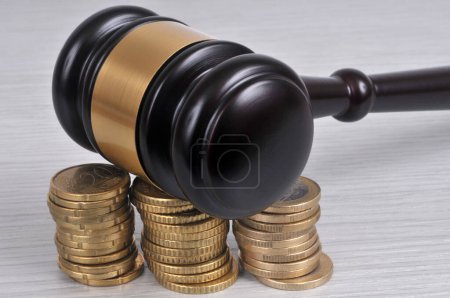 Judge gavel on stacks of euro coins