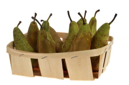 Conference pears in a wooden tray close-up on white background