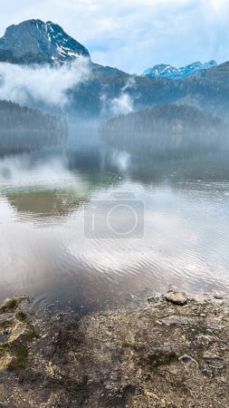 Foto de Vista del lago azul con el reflejo de árboles de hojas de aguja y montañas en montenegro - Imagen libre de derechos
