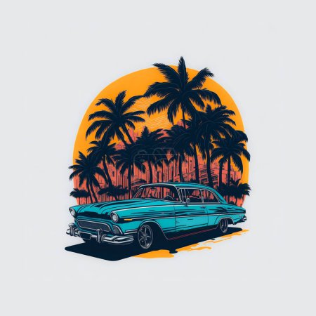 Téléchargez les illustrations : T-shirt design vieille voiture rétro au coucher du soleil avec des palmiers - en licence libre de droit