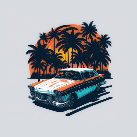 Téléchargez les illustrations : T-shirt design vieille voiture au coucher du soleil avec des palmiers - en licence libre de droit