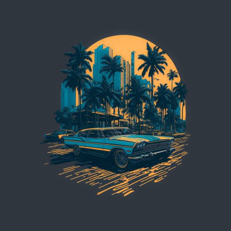 Illustration for T-shirt design old car on sunset with palm trees and scyscrapers - Royalty Free Image