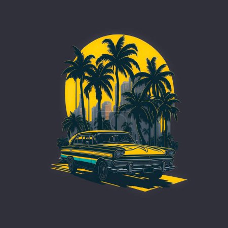 Illustration for T-shirt design old car on sunset with palm trees and scyscrapers - Royalty Free Image