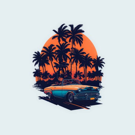 Illustration for T-shirt design retro car on sunset with palm trees - Royalty Free Image