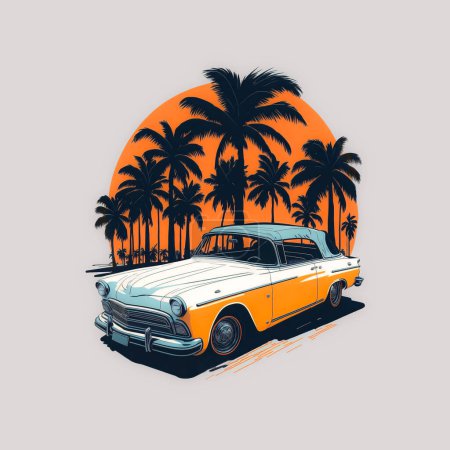 Téléchargez les illustrations : T-shirt design vieille voiture au coucher du soleil avec des palmiers - en licence libre de droit