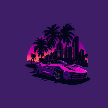 Téléchargez les illustrations : T-shirt design voiture de sport sur le coucher du soleil avec des palmiers et des grattoirs dans les néons - en licence libre de droit