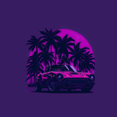 Illustration for T-shirt design sport car on sunset with palm trees in neon lights - Royalty Free Image