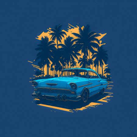 Téléchargez les illustrations : T-shirt design voiture rétro au coucher du soleil avec des palmiers - en licence libre de droit