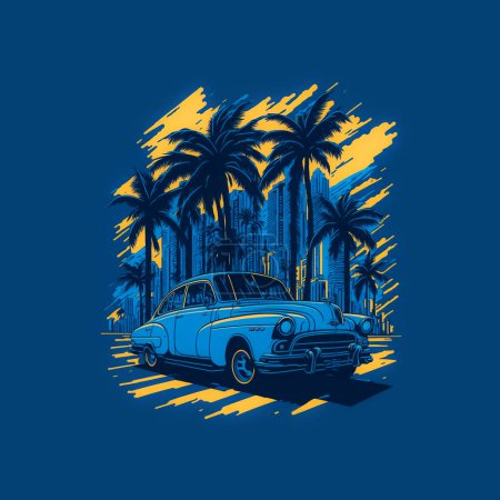 Téléchargez les illustrations : T-shirt design voiture rétro au coucher du soleil avec palmiers et grattoirs - en licence libre de droit