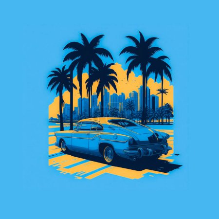 Illustration for T-shirt design retro car on sunset with palm trees and scyscrapers - Royalty Free Image