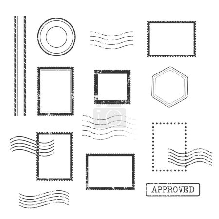 Briefmarken und Stempel, schwarz isoliert auf weißem Hintergrund, Vektorabbildung. Texturiertes Postage Grunge Label.