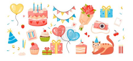 Illustration for Happy birthday holiday decorations set. cakes, candles, baked goods on a white background. Perfect for cake decorating supplies and adding sweetness to your birthday parties - Royalty Free Image