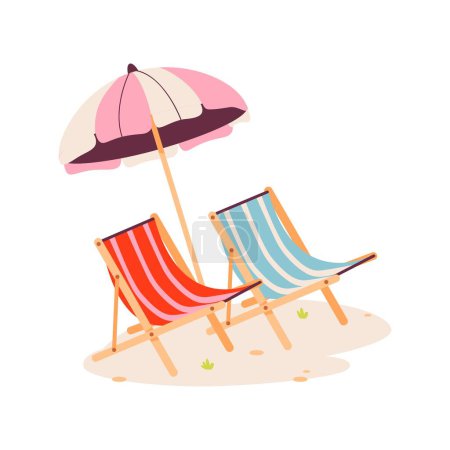 Vacation beach chairs sunbed with umbrella, wooden deck chair. Summertime relax. Isolated on white background illustration.