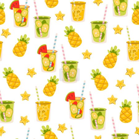 Cocktails Pineapples Seamless Pattern vector flat illustration. Classic cocktails in different types of glasses Alcohol beverages.