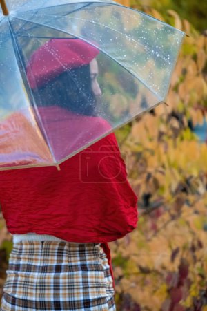 Téléchargez les photos : Brunette femme jouit atmosphère d'automne caché sous un parapluie transparent à l'extérieur. Dame méconnaissable en chapeau rouge se dresse contre les arbres colorés vue de dos - en image libre de droit
