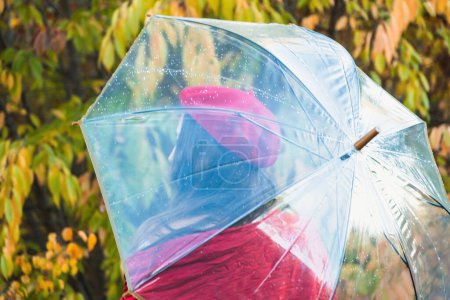 Téléchargez les photos : Femme aux cheveux foncés aime le temps pluvieux debout sous un parapluie en plastique transparent. Élégante dame en vêtements rouges passe week-end seul dans le parc d'automne vue de dos - en image libre de droit