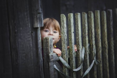 Téléchargez les photos : Une jolie petite fille jette un coup d'oeil derrière une clôture en bois rustique. - en image libre de droit