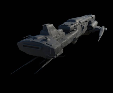 Foto de Nave espacial de ataque ligero sobre fondo negro - Vista frontal, ilustración de ciencia ficción renderizada digitalmente 3d - Imagen libre de derechos