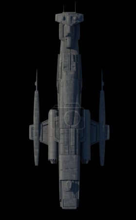 Foto de Nave espacial de ataque ligero sobre fondo negro - Vista superior, ilustración de ciencia ficción renderizada digitalmente 3d - Imagen libre de derechos