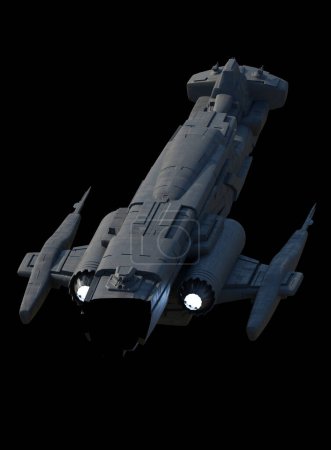 Foto de Nave espacial de ataque ligero sobre fondo negro - Vista trasera, ilustración de ciencia ficción renderizada digitalmente 3d - Imagen libre de derechos