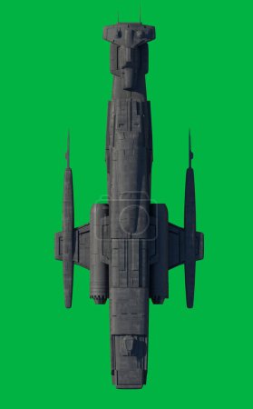 Foto de Nave espacial de ataque ligero en fondo de pantalla verde - Vista superior, ilustración de ciencia ficción renderizada digitalmente 3d - Imagen libre de derechos