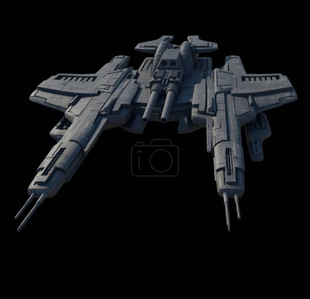 Light Space Ship Gunship on Black Background - Front View, 3d digitally rendered science fiction illustration