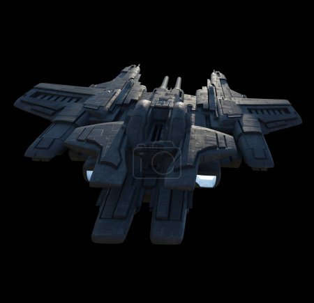 Foto de Nave espacial ligera sobre fondo negro - Vista trasera, ilustración de ciencia ficción renderizada digitalmente 3d - Imagen libre de derechos